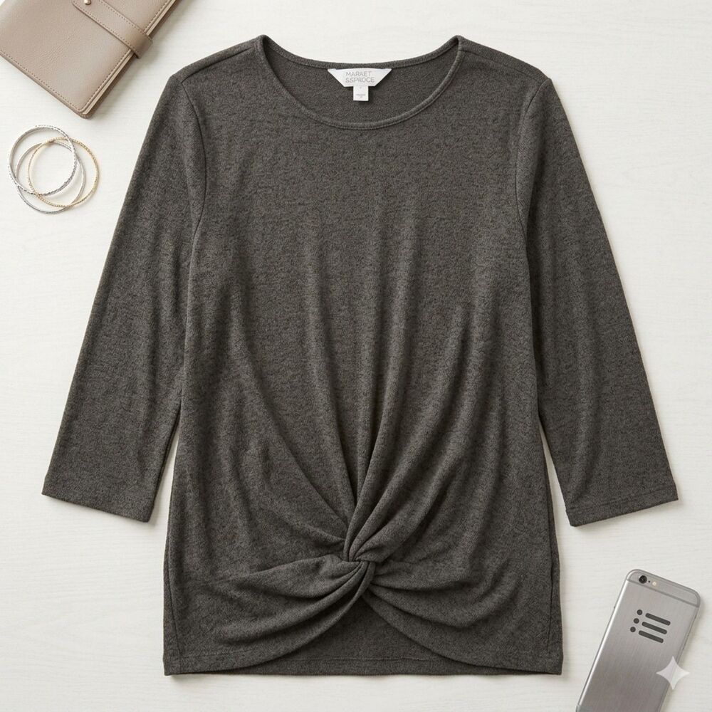 Market & Spruce Gray Long Sleeve Top | Twist Knot Hem | Size S | EUC